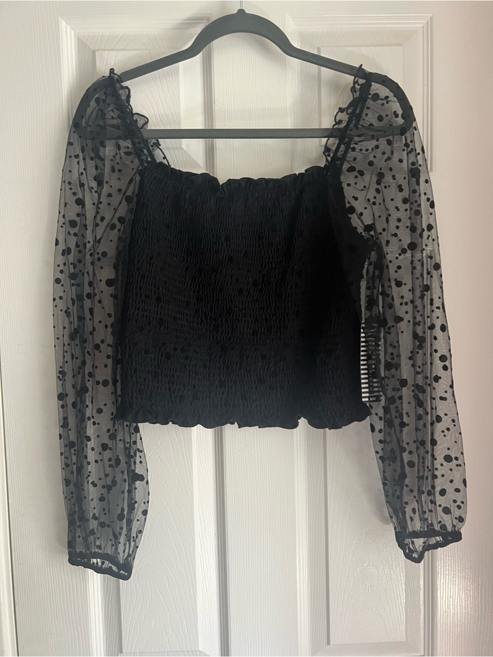 Haute Monde Black Sheer Polka Dot Puff-Sleeve Smocked Crop Top